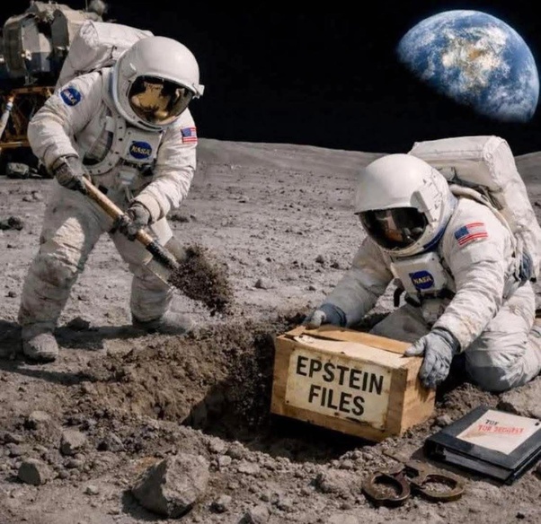 Deux astronautes en combinaison spatiale sur le sol lunaire gris, l'un creusant avec une pelle et l'autre agenouillé près d'une boîte en bois étiquetée EPSTEIN FILES, avec la Terre visible dans le ciel noir.