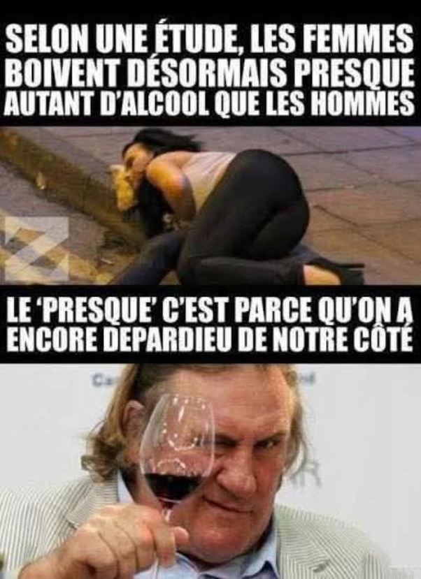 Mème avec une femme allongée sur le trottoir tenant une bouteille et Gérard Depardieu tenant un verre de vin, avec textes humoristiques.