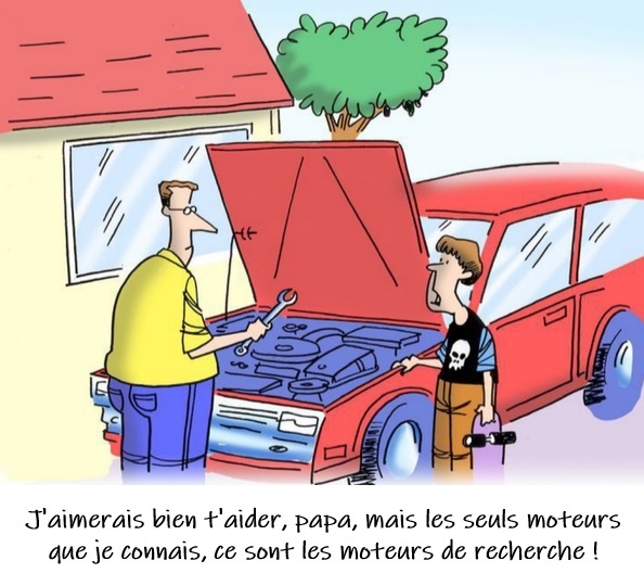 Caricature d'un père en chemise jaune et lunettes réparant le moteur d'une voiture rouge au capot ouvert avec une clé à molette. Un garçon en t-shirt noir avec un crâne tenant un skateboard lui parle. Légende humoristique en bas.