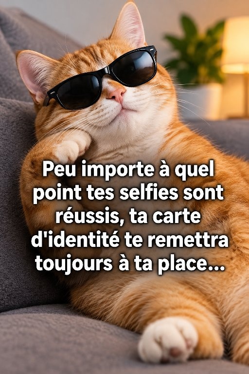 Chat orange aux lunettes de soleil noires allongé sur un canapé gris, patte levée, expression confiante, avec texte superposé : Peu importe à quel point tes selfies sont réussis, ta carte d'identité te remettra toujours à ta place...