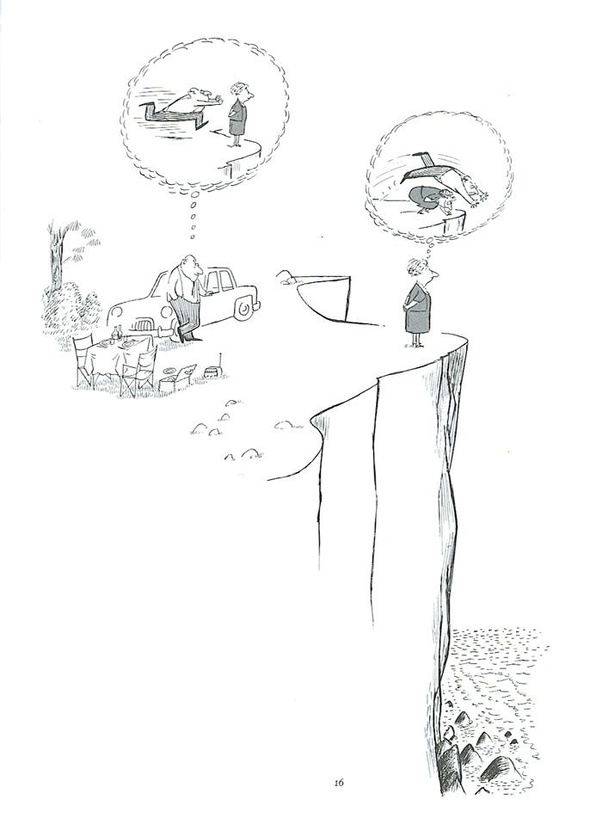 Dessin en noir et blanc montrant un homme près d'une voiture ancienne et d'un pique-nique, et une femme au bord d'une falaise. Bulles de pensée : l'une avec une personne allongée et une autre debout, l'autre avec une plongée d'un plongeoir dans l'eau.
