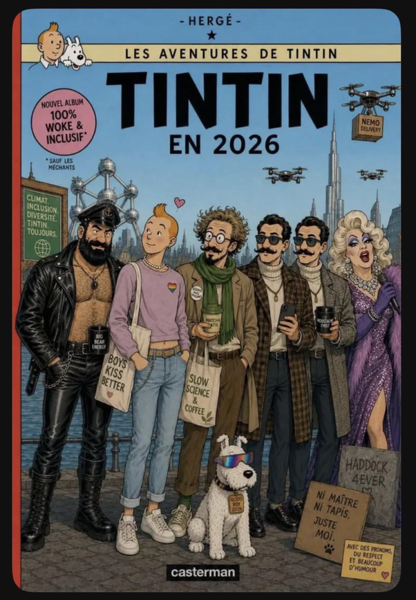 Couverture parodique d'album Tintin : Les Aventures de Tintin en 2026 avec Tintin en pull rose, le Capitaine Haddock torse nu en cuir, Milou avec lunettes et personnages inclusifs devant une ville moderne avec drones et panneaux.