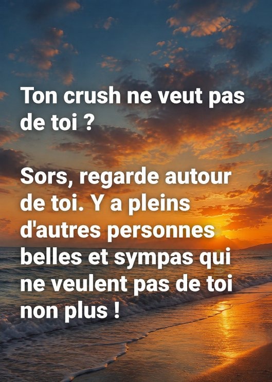 Coucher de soleil sur une plage avec des vagues dorées et un texte blanc superposé disant 'Ton crush ne veut pas de toi ? Sors, regarde autour de toi. Y a pleins d'autres personnes belles et sympas qui ne veulent pas de toi non plus !'