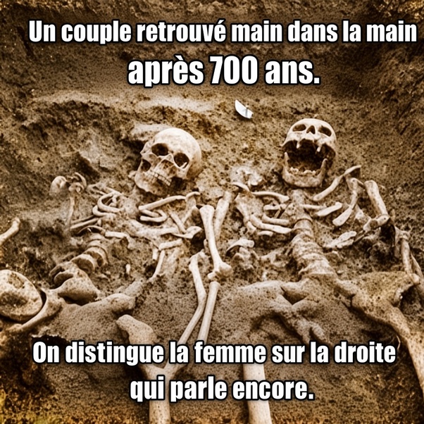 Deux squelettes d'un couple allongés dans une tombe en terre, se tenant la main, avec des textes humoristiques en français.