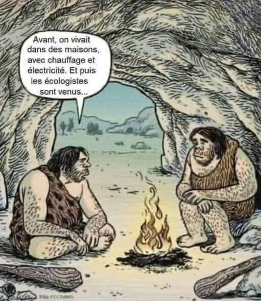 Deux hommes préhistoriques assis dans une grotte autour d'un feu, l'un avec une bulle de dialogue.