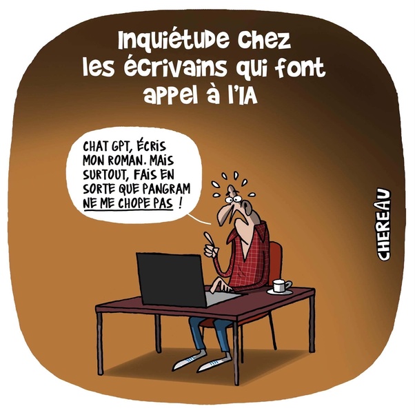 Cartoon d'un écrivain anthropomorphe à tête de chien portant des lunettes et une chemise à carreaux, assis à un bureau devant un ordinateur portable. Une bulle de dialogue contient le texte adressé à ChatGPT. Texte en haut de l'image : Inquiétude chez les écrivains qui font appel à l’IA. Une tasse de café est visible sur le bureau.