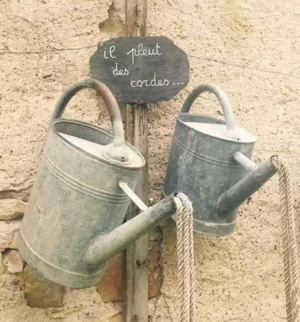 Deux arrosoirs en métal accrochés à un poteau en bois contre un mur de pierre, avec des cordes attachées à leurs becs et un panneau indiquant 'il pleut des cordes...'