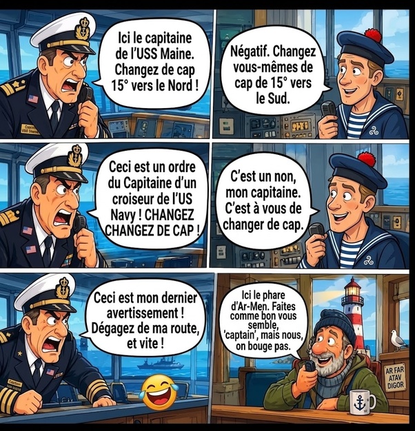 Bande dessinée humoristique en six panneaux illustrant un capitaine de la marine américaine furieux tenant un talkie-walkie dans la timonerie, un marin français en tenue rayée, et un gardien de phare barbu avec une tasse devant une fenêtre donnant sur un phare.