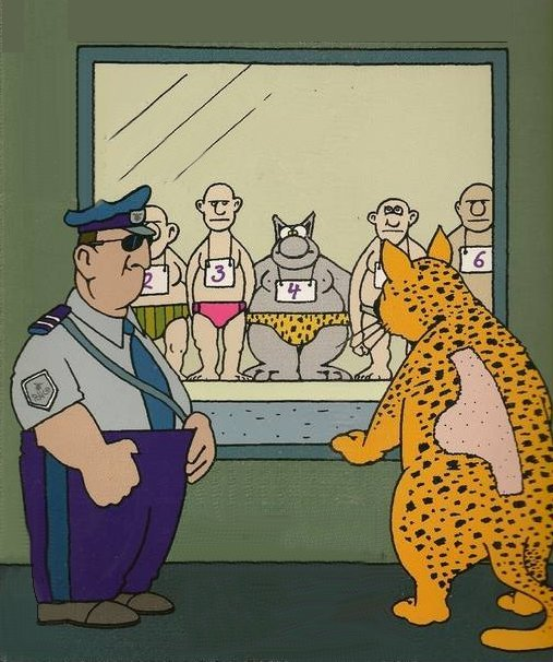 Dessin humoristique d'un policier en uniforme et d'un léopard orange à pois noirs face à une vitrine avec six suspects numérotés de 1 à 6, dont un homme en slip rose et une grenouille en sous-vêtements.