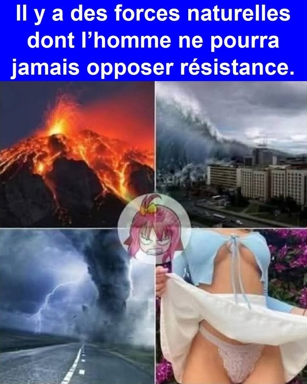 Collage en quatre parties : éruption volcanique, vague géante sur ville, orage avec éclair, femme en bikini soulevant vêtement avec visage anime rose superposé.
