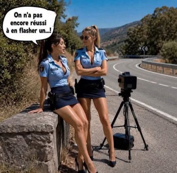 Deux policières en uniforme bleu clair et jupe courte, l'une assise sur un muret de pierre, l'autre debout les bras croisés, avec une caméra de vitesse sur trépied au bord d'une route sinueuse.