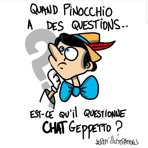 Illustration de Pinocchio en dessin animé avec chapeau jaune à plume rouge, nœud papillon bleu, tenant un crayon, grand point d'interrogation à l'arrière et texte en français au-dessus et en dessous.